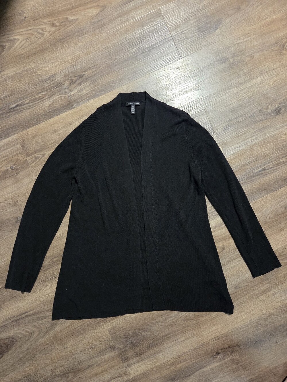 Eileen Fisher Wool Black Open-Front Lightweight Knit RIb Cardigan